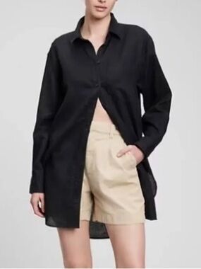 Gap 100% Linen Oversized Button Down Weekend Tunic Black XXS fits like Small EUC